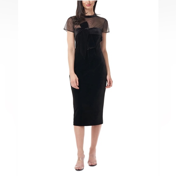 JS COLLECTION Velvet Short Sleeve Illusion Neckline Midi Evening Body Con Dress - Picture 1 of 3